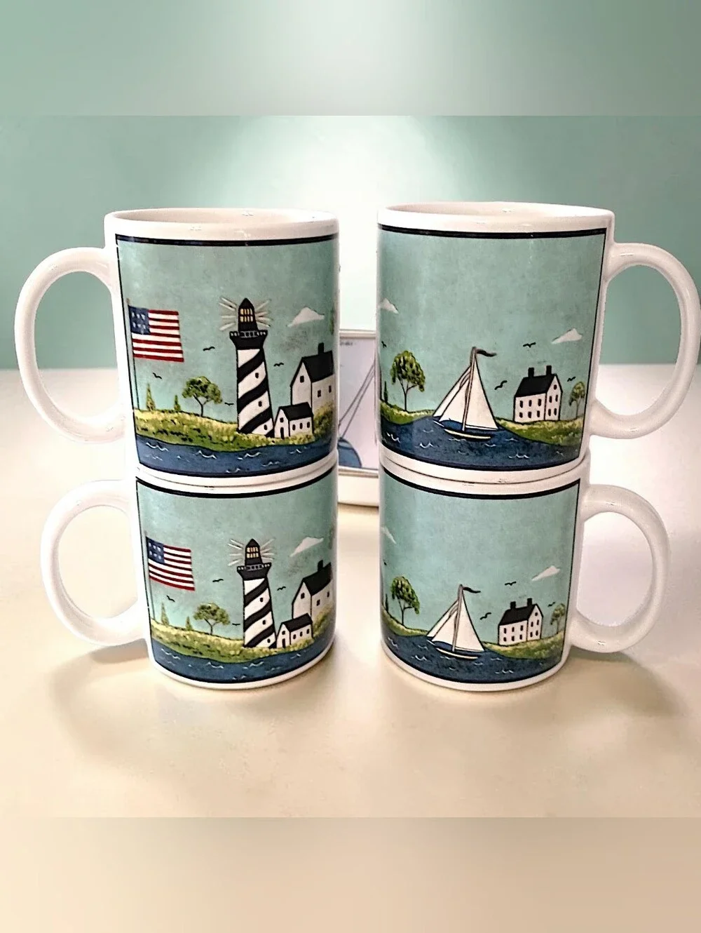 4 Vtg Sakura Coastal Breeze Coffee Mugs Warren Kimble Nautical 10oz Beach House